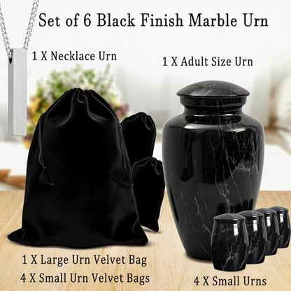 Black Marble Finish Cremation Urn Set for Human Ashes Adult - size: Large,Set Black Marble