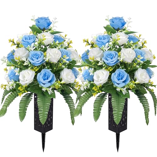 MOOMASS Artificial Cemetery Flowers – Grave Decorations, Cemetery Flowers for Grave Vase, Artificial Rose, Silk Flowers for Long-Lasting Remembrance(Light Blue+White, 2 Bouquets) - color: Light Blue+white, size: 2 bouquets