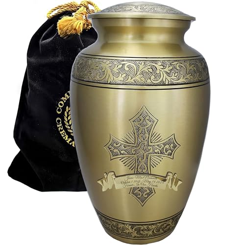 Gold Cross Cremation Urns for Human Ashes Adult Female & Male Urns - color: Gold - Engraved Ribbon, size: Large