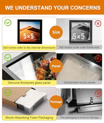 5x5 Small Shadow Box Frame with Ultra-Clear Glass & Soft Linen Back - color: Black+high Definition Panel + Shatter-proof Packaging, size: 5x5