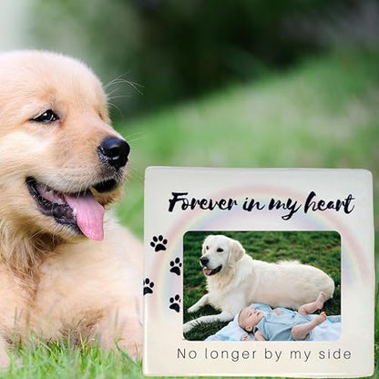 BANBERRY DESIGNS Dog Memorial Picture Frame for the Loss of Pet - Pet Sympathy Gift for Dog Loss - Rainbow Bridge Memorial Frame -No Longer By My Side Forever In My Heart - Photo Opening is 4" X 6"
