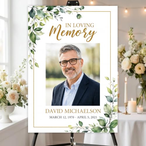 Custom Greenery Celebration of Life Welcome Sign Photo for Memorial Funeral | Personalized Minimalist In Loving Memory yard sign. Weather-resistant corrugated plastic decor. Add custom photo, name, dates - color: Sign9