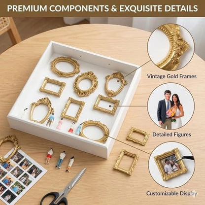 Mini Museum Silhouette Shadow Box Frame, DIY Memory Display Photo Craft Kit with LED String Lights, Mini Gold Frames & Figurines, Keepsake Box for Wedding Anniversary Family Milestone Gift (Black) - color: Black
