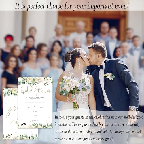 Bridal Shower Invitations, 25 Creamy Rose Invites with Envelopes for Bridal Shower Reception Engagement Party, Greenery Gold Wedding Party Cards - B15 - style: Greenery Gold