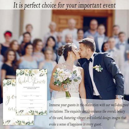 Bridal Shower Invitations, 25 Creamy Rose Invites with Envelopes for Bridal Shower Reception Engagement Party, Greenery Gold Wedding Party Cards - B15 - style: Greenery Gold