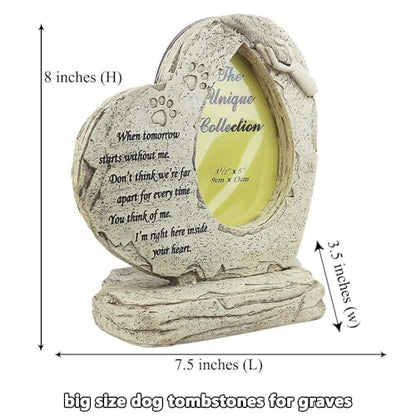 Pet Memorial Stone Headstone Grave Marker for Dog Loss Gift | Pet Dog Gravestone Tombstone, with Photo Frame, Outdoor or Indoor, Handmade of Resin, Heart Shape, Paw Prints Design