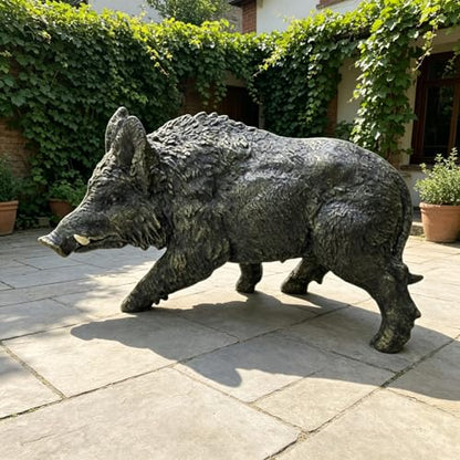 Wild Boar Statue, 21.26 in Dark Bronze-Tone Resin Garden Sculpture | Textured coat and visible tusks; low forward-moving pose for patios, lawns, woodland displays, hunters, and wildlife fans - color: Wild Boar