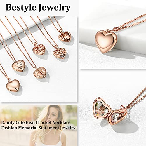 Bestyle Sterling Silver Heart Locket Necklace for Women, Dainty Cute Small Heart Locket Pendant in Gold/Rose Gold/Silver, Love Statement Jewelry Gift for Mother Wife - color: A0. Plain Bold Heart-Rose Gold-Locket Only, NO Custom