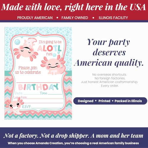 Amanda Creation Axolotl Birthday Invitations for Girls, 20 Pack 5x7 Fill-In Axolotl Party Invitations with White Envelopes, Cute Animal Party Cards, Made in USA - color: Axolotl Birthday Party