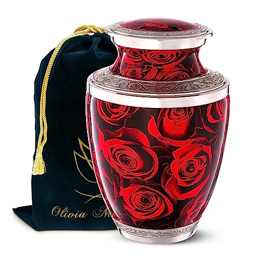 Crimson Rose Urn for Ashes for Women Men Adult | Cremation Funeral Decorative Red Urn for Male Female Adult Carefully Handcrafted with Pendant Necklace, for Dog Cat Pet - color: Crimson Roses, size: 1 Large Adult