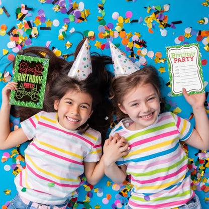 Pixel Birthday Invitations for Boys Video Gaming Invites with Envelopes 20 - color: Green Gaming Pixel
