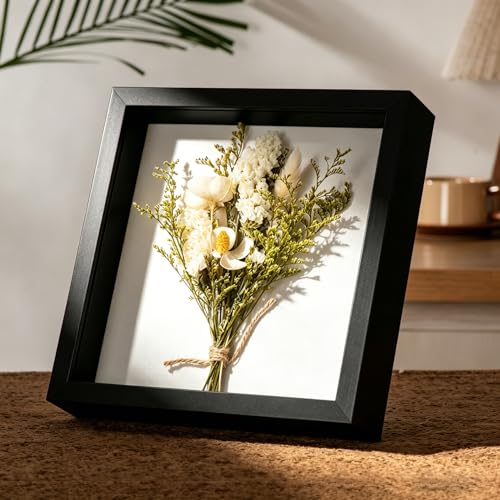 8x8 Shadow Box Frame with Ultra-Clear Glass & Soft Linen Back | With Push Pins and Stand, Deep 1.2" Black Shadow Box Display Case – Display on Tabletop or Wall for Photo, Flower, Keepsakes - color: Black+high Definition Panel + Shatter-proof Packaging, si