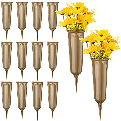 12 Pcs Cemetery Vases with Spikes Plastic Memorial Floral Grave Flower Holder Cone In Ground Vases with Stakes for Lawn Headstone Graveside Decoration Artificial Fresh Flowers(Bronze) - color: Bronze