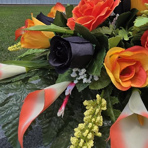 Headstone Saddle and Cemetery Cone Set with Orange and Black Rose Flowers for Halloween, Fall, and Motorcycle Biker Memorial Decoration