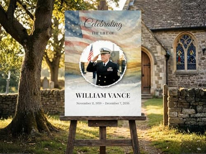 American Flag Funeral Welcome Sign, Celebration of Life Welcome Sign, in Loving Memory Sign, Celebration of Life, Celebration of Life Sign, Memorial Sign with Photo,Funeral Welcome Sign #a2 - color: Version #23