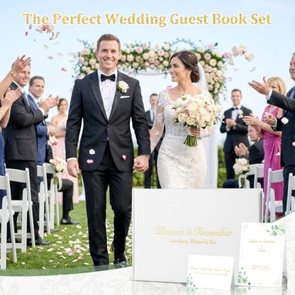 Wedding Guest Book Set, White Linen Hardcover, Gold Foil, 120 Pages - color: White
