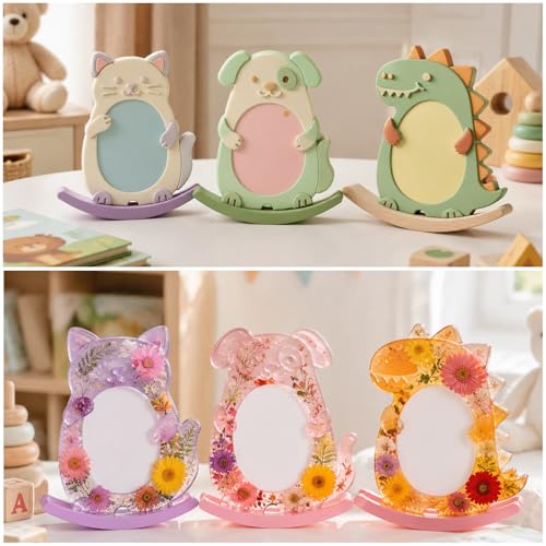 Animal Seesaw Photo Frame Resin Molds Set, 3Pcs Resin Picture Frame Molds, Cartoon Cat, Dog & Dinosaur Shapes Epoxy Casting Mold with Stand Mold for DIY Desktop Picture Frame, Keepsake Craft Kit - color: 3pcs Animal Photo Frame Molds