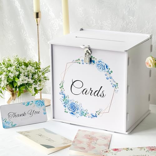 Wedding Card Box with Lock, White Reception Box for Cards & Envelopes | Strong Security Gift Card Box for Wedding Decorations, Romantic Floral Wreath Design, Large Capacity Card Boxes with Sign