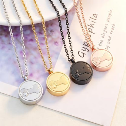 SIYUU Pet Ashes Necklace 20mm Round Shape Dog Cat Keepsake Jewelry Stainless Steel Memorial Urn Jewelry Etching Paw Print & Dog Bone Cremation Pendant Necklace - color: Gold