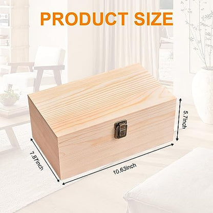 Large Wooden Box With Hinged Lid Wooden Memory Keepsake Case | 10.6x8x5.7 Inch Outer Unfinished Wood Craft Chest, Metal Locking Clasp Storage Desktop Organization Container