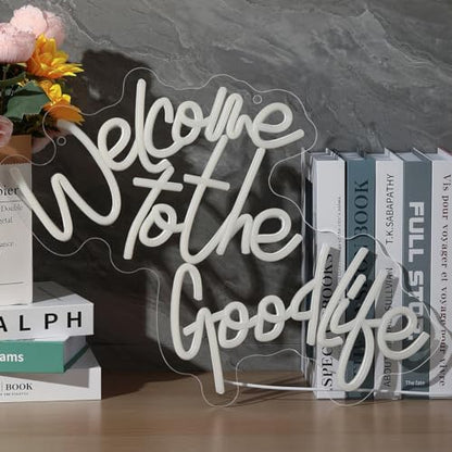 Welcome To The Good Life Neon Signs for Wall Decor LED Neon Light Signs USB Letter Light Up Sign for Bedroom Kids Room Birthday Christmas Party Wedding Bar Decoration Gifts(13.4x17.2 inch) - style: English