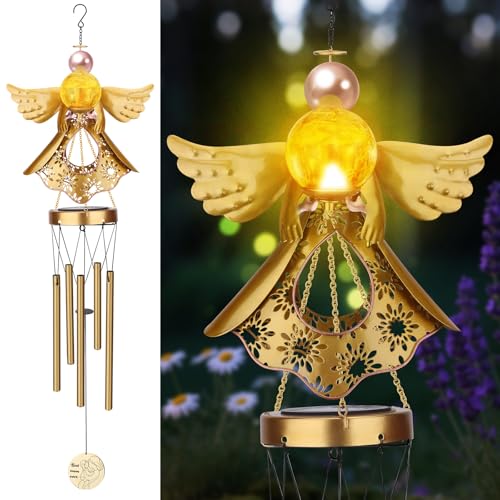 JYPS Angel Solar Wind Chimes, 40-Inch Large Waterproof Windchimes for Outside with Glowing Crackle Glass Ball, Garden Patio Yard Decor Mother's Day Birthday Unique Gifts for Women Mom Grandma Wife