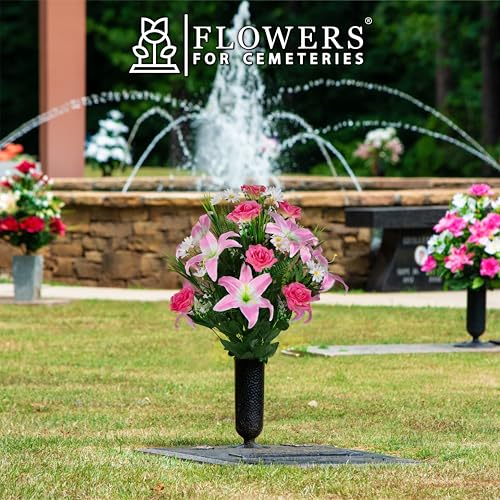 Sympathy Silks Artificial Cemetery Flowers - Gravesite Flowers - Pink Lily and Rose with White Daisies - color: Pink, size: Bouquet