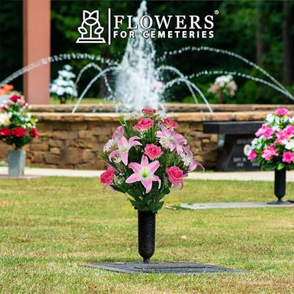 Sympathy Silks Artificial Cemetery Flowers - Gravesite Flowers - Pink Lily and Rose with White Daisies - color: Pink, size: Bouquet