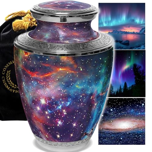 Cosmic Galaxy Cremation Urns for Human Ashes Adult Female Urns for Ashes | Large Galaxy Cremation Urn for Ashes Adult Female & Male, Metal, Threaded Lid, Felt Bottom - color: Galaxy, size: Large