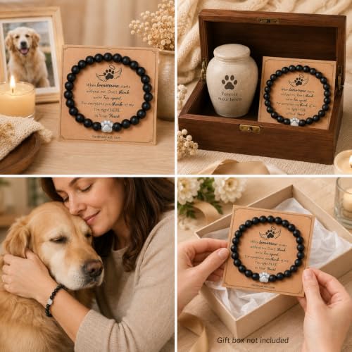 Pet Memorial Bracelet Loss of Dog Cat Matte Black Bead Sympathy Gift | Silver paw print charm, bereavement condolence keepsake jewelry, rainbow bridge gift for dog mom cat mom women men pet parent