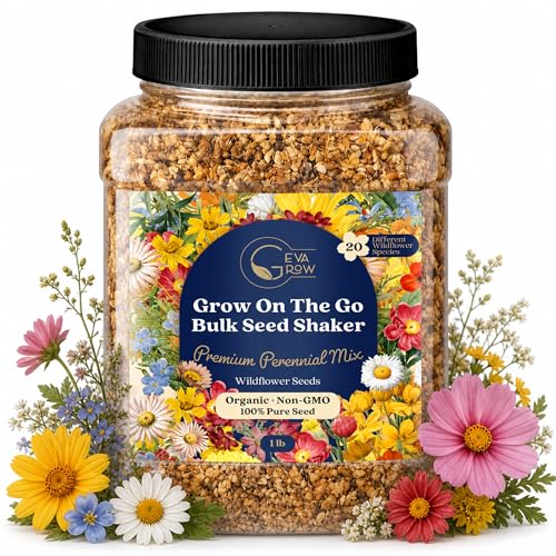 Bulk Wildflower Seed Shaker – Perennial Flower Seeds Mix to Plant Anywhere, by Geva Grow | 20 - Different Type Beautiful Perennial Wildflower Seeds Bulk 900,000+ Seeds, 1 Pound Tub - size: 1 Pound Tub, style: Premium Perennial Mix
