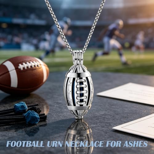 Oinsi American Football Cremation Locket Necklace For Ashes Of Loved Ones Stainless Steel Memorial Urn Jewelry Women Men Keepsake Fashion Necklace - color: Silver-Blue