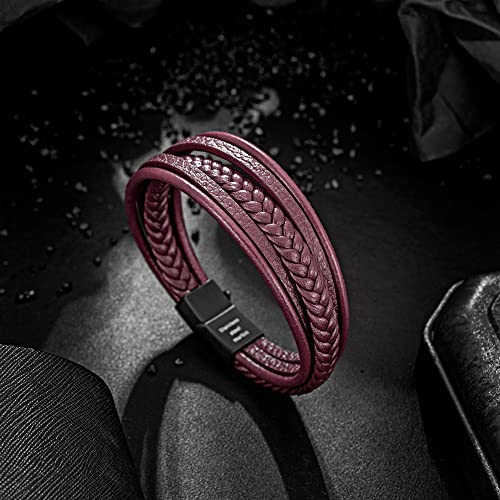 Mens Leather Bracelet with Clasp Cowhide Multi-Layer Braided Leather Mens Bracelet - style: Wine Red&Black Clasp 8.5