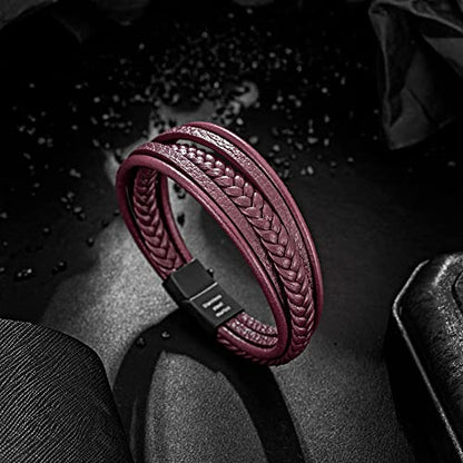 Mens Leather Bracelet with Clasp Cowhide Multi-Layer Braided Leather Mens Bracelet - style: Wine Red&Black Clasp 8.5