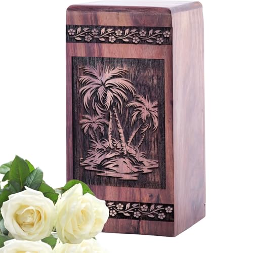 Palm Trees - Wooden Urn - Memorial Urns for Mom & Dad - 10X5.5 Inch - 180 Cubic Inches - Burial Urns for Human Ashes - Human Remains Urn - Burial Urns for Male & Female - Large Cremation Urns