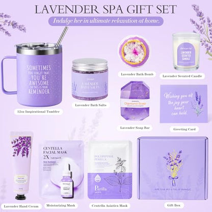 Mothers Day Gifts for Mom, 9pcs Happy Birthday Gifts for Women, Unique Birthday Relaxation Spa Gift Christmas Ideas Relaxing Lavender Set Self Care Gift Basket for Her Mom Sister Friend Teacher - color: Purple