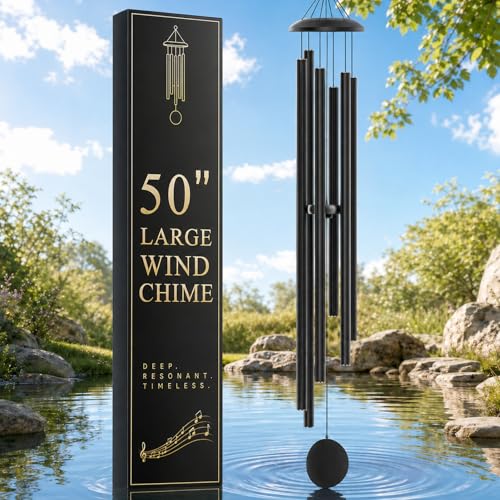 50" Extra Large Wind Chimes for Outside Deep Tone, 6 Extra-Thick Aluminum Tubes for Lasting Resonance, Big Outdoor Wind Chime for Garden Patio Decor, Relaxing Gift for Mom Dad Men Neighbors, Black - color: Black, size: Luxury 50"