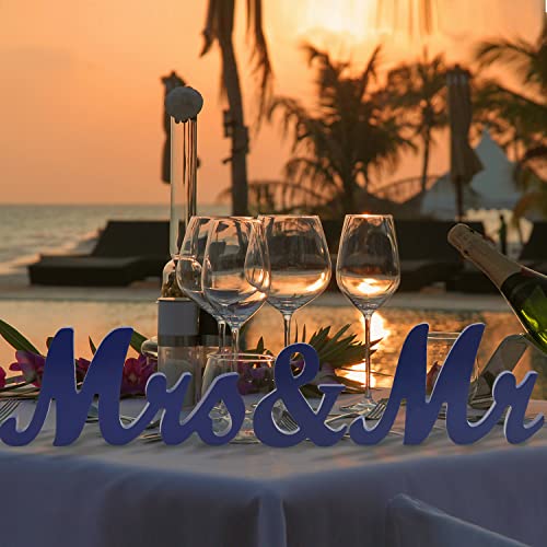 Mr & Mrs Signs Table Decor: Rustic Wooden Freestanding Letters - Wedding & Anniversary Props (Navy Blue) - color: Navy blue