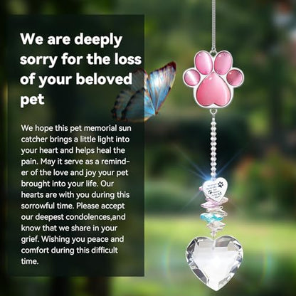 Dog Memorial Gifts, Pet Memorial Suncatcher, Loss of Dog Sympathy Gift | Thoughtful Dogs and Cats Bereavement Remembrance Gifts, Natural Cat's Eye Stone Paw Crystal Suncatcher - color: Pink