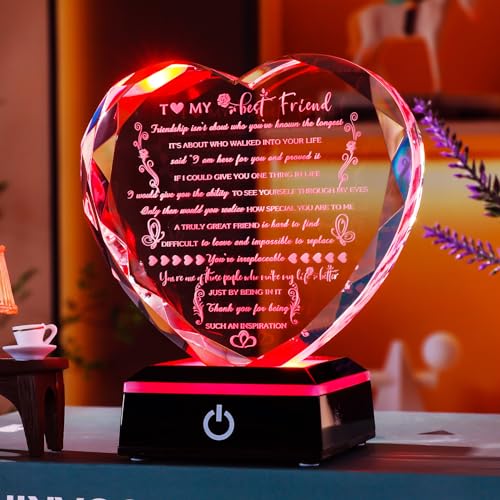 YWHL Birthday Gifts for Best Friend with Colorful LED Base Heart Crystal Friendship Gifts for Women Meaningful Bestie Gifts Mothers Day BFF Gift Idea for Her Female Friend - style: Best Friend Gifts+LED Style 1