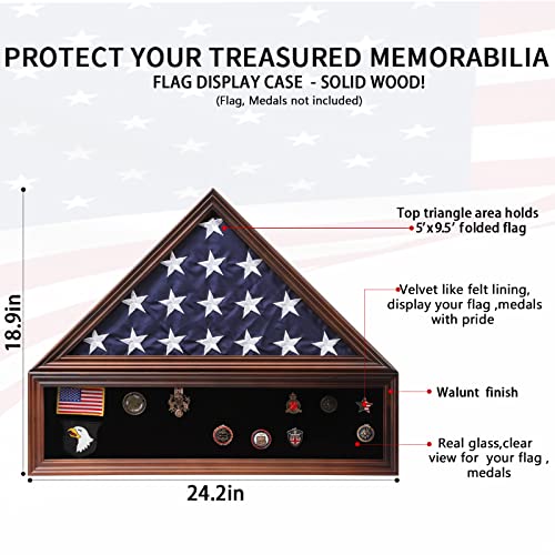 Veteran Flag Shadow Box 5x9.5 Solid for Flag Display Walnut Finish | wooden structure,clear real glass,walnut finish,wall tabletop mount,for veteran flag medal coin display - size: Medium-Walnut