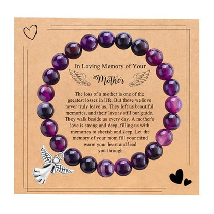 Sympathy Gifts for Loss of Loved one Memorial Healing Remembrance Condolence Grief Present for Women Pink Beads Bracelet With Angel Wings - style: Amethyst-Angel-In Loving Memory of Your Mother