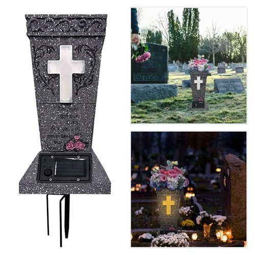 Solar Cemetery Vase with LED Cross Lamp Memorial Flower Holder - color: Warm Light Cross