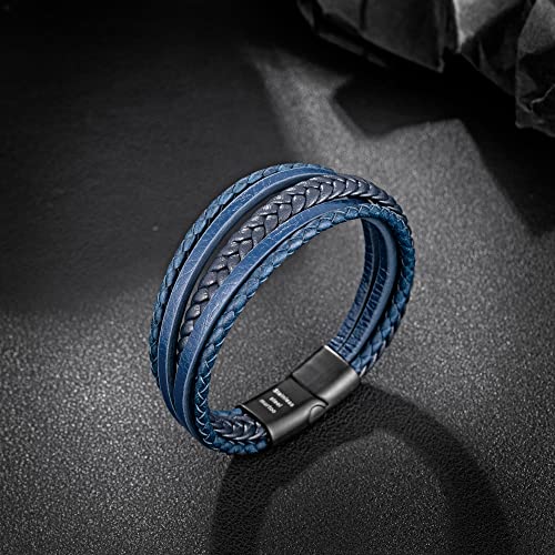 Mens Leather Bracelet with Clasp Cowhide Multi-Layer Braided Leather Mens Bracelet - style: Blue Rope&Black Clasp 8.7