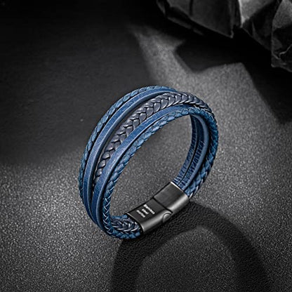 Mens Leather Bracelet with Clasp Cowhide Multi-Layer Braided Leather Mens Bracelet - style: Blue Rope&Black Clasp 8.7