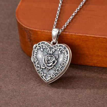 Heart Locket Necklace 925 Sterling Silver Custom Photo Pendant That Holds Pictures Memorial Jewelry Gifts for Women Mom Daughter - color: Rose Flower, style: 3-photo&text customized