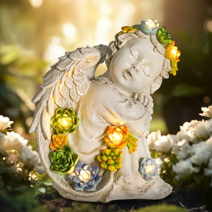 Garden Angels Outdoor Statue, Solar Cherub Baby Angel with Succulent | 8'' Resin Sleeping Angel Statue with Warm Glow, Angel Figurines Gardening Gifts for Mother Grandma Yard Patio Lawn Decoration - style: Sleeping Cherub