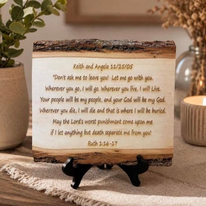 Handwritten Letter on Wood, Custom Engraved Wedding Vows & Anniversary | Authentic basswood, real bark edges, laser engraving, optional back message, 3 sizes, hanging hardware or stand