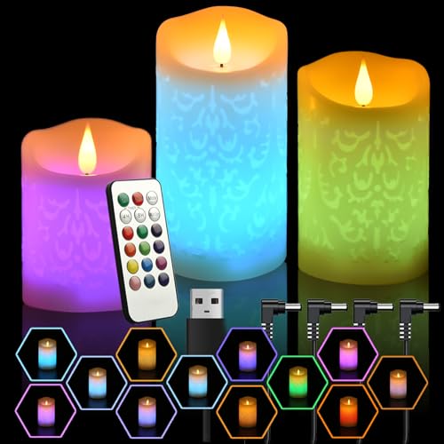 NICEME Rechargeable Color Changing Candles with Remote Timer USB Cable 3PCS LED Multi Colored Flameless Candles Battery Operated Real Wax USB Pillar Candles Flickering for Halloween Christmas Decor - color: Ivory White, size: D 3”×H 4”5”6”