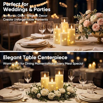 Homemory Flameless Candles with Remote Timer, Clear Acrylic Flickering LED Pillar Candles with Embedded Fairy String Lights, Battery Operated Candles for Wedding Fireplace Lantern Home Decor, Set of 9 | Battery operated flickering LED pillar candles, dual